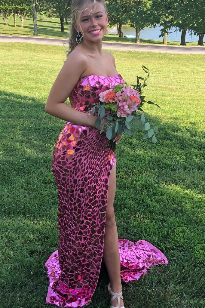 Strapless Fancy Sparkle Pink Prom Dress, Unique Mermaid Slit Evening Dress