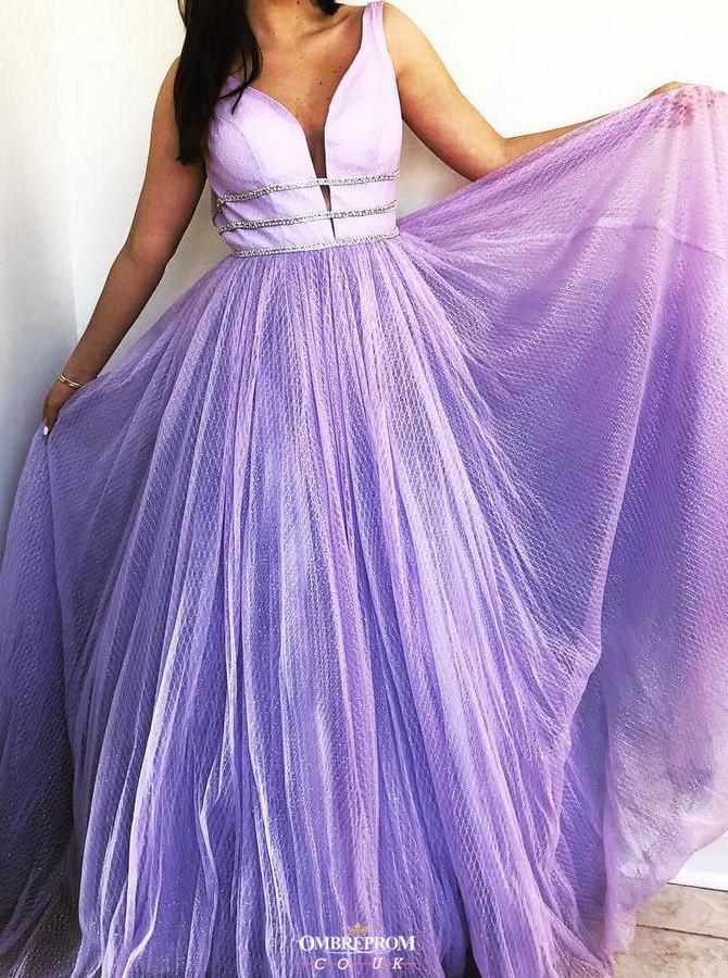 stunning lilac prom dress v-neck beaded tulle long formal gown dtp579