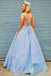 Elegant A-line V Neck Light Blue Backless Prom Dresses