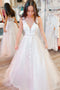 V Neck White Applique Wedding Dresses, Long Formal Prom Dresses