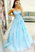 Lace Appliques Sky Blue Prom Dress Long Spaghetti Straps Tulle Formal Party Gowns