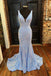 Mermaid V-Neck Light Blue Sequin Backless Dresses, Sparkly Long Prom Dresses