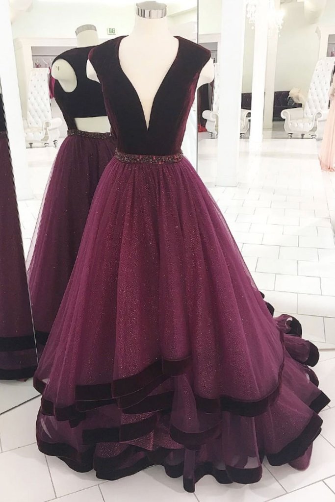 elegant grape long prom dress v neck tulle formal evening gown dtp633