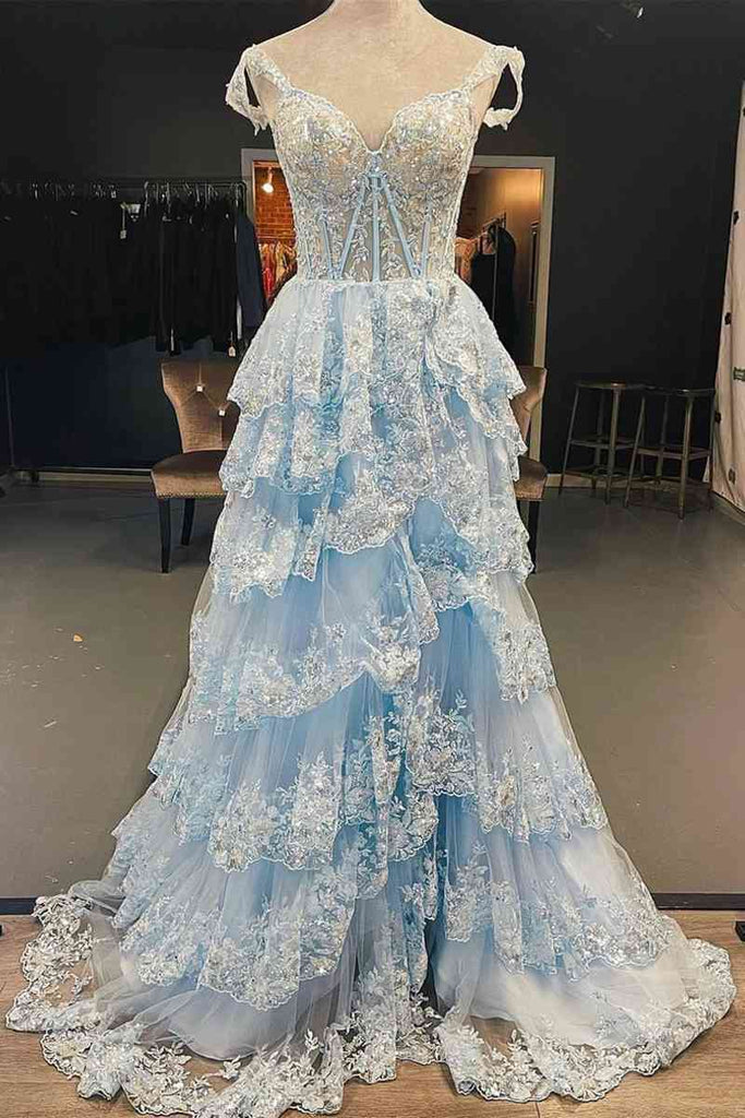 Sparkly Light Blue Corset Tiered Lace Long Prom Dress With Slit