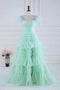 A Line Mint Green Feathers Prom Dress With Layered, Long Formal Gown