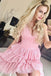 a-line pink graduation gown with ruffles short pink lace homecoming dress dth65