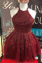 Cute Halter Burgundy Lace A-Line Backless Homecoming Dress