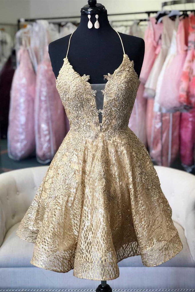 Unique Lace Short Prom Dress Backless Homecoming Dress with Appliques