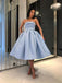 Simple Tea Length Light Blue Prom Dresses Strapless Homecoming Dress