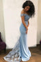 Light Blue Off Shoulder Lace Long Prom Dresses Mermaid Bridesmaid Dresses