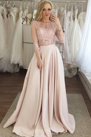 Two Piece Pink Short Prom Dress Lace Bodice Long Sleeve Homecoming Dresses