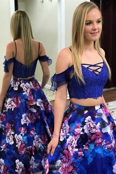 Blue floral two outlet piece prom dress