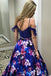 Drop Sleeves Two Piece Royal Blue Flowers Printed Prom Dresses with Pockets