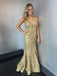 Mermaid Halter Gold Lace Long Prom Dresses With Sweep Train