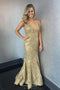 Mermaid Halter Gold Lace Long Prom Dresses With Sweep Train