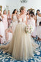 A-line Deep V-Neck Tulle Wedding Dress with Lace Appliques Top