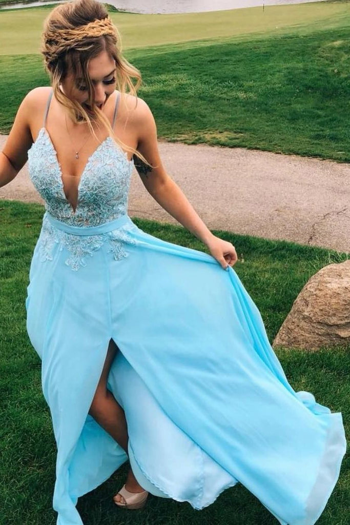 spaghetti straps chiffon lace appliques blue long prom dress with slit dtp688