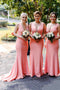 Pink Simple V-Neck Satin Long Trumpet Bridesmaid Dresses