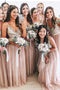 A-Line V-neck Sequins Tulle Blush Long Bridesmaid Dresses