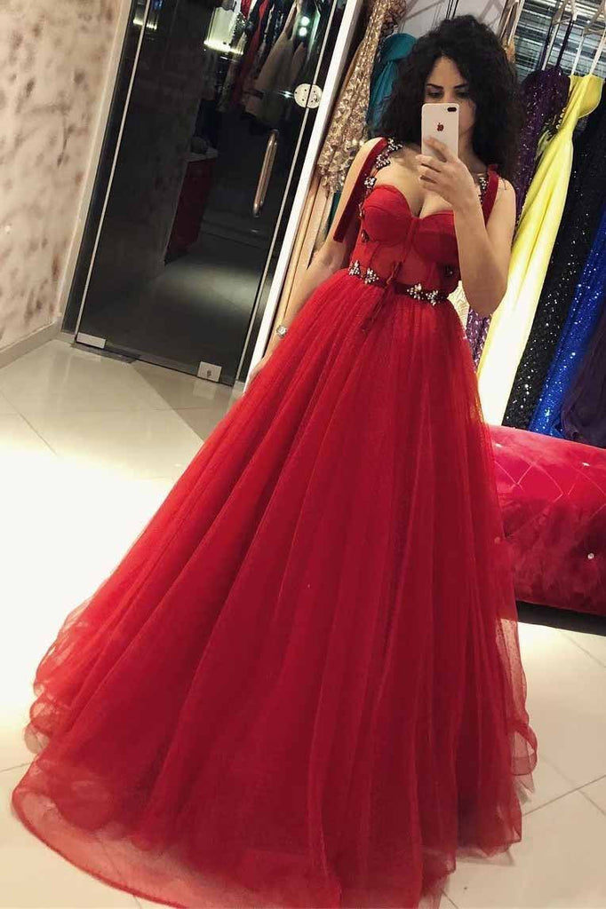 chic straps red ball gown bow beaded tulle long prom dress dtp673