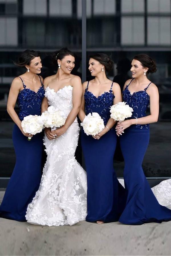 spaghetti straps blue mermaid bridesmaid dresses with appliques beading dtb79