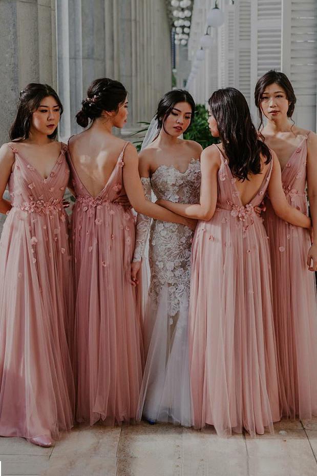 pink a-line v-neck backless long bridesmaid dress with flowers dtb77