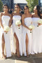 White Strapless Sheath Bridesmaid Dresses Slit with Ruched