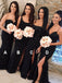 Mermaid Lace Appliques Beaded Black Bridesmaid Dresses with Split