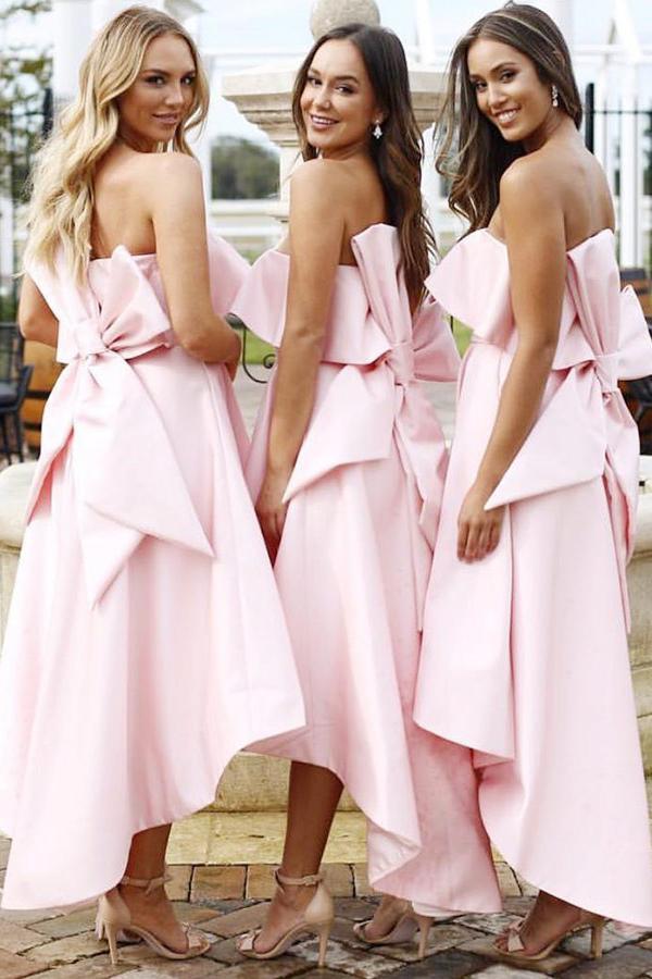 Pink Strapless High Low Bridesmaid Dresses with Bowknot