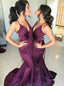 Sexy Plum Elastic Satin V-neck Mermaid Long Bridesmaid Dresses