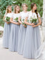 Boho Short Sleeve Scoop Neck Gray Long Bridesmaid Dresses