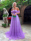 Off the Shoulder Purple A-line Tulle Sweetheart Long Prom Formal Dress