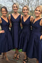 A-Line V-Neck Asymmetry Royal Blue Bridesmaid Dresses with Pockets