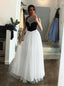 Unique Black White Tulle Halter Long Prom Dress A Line Party Dress